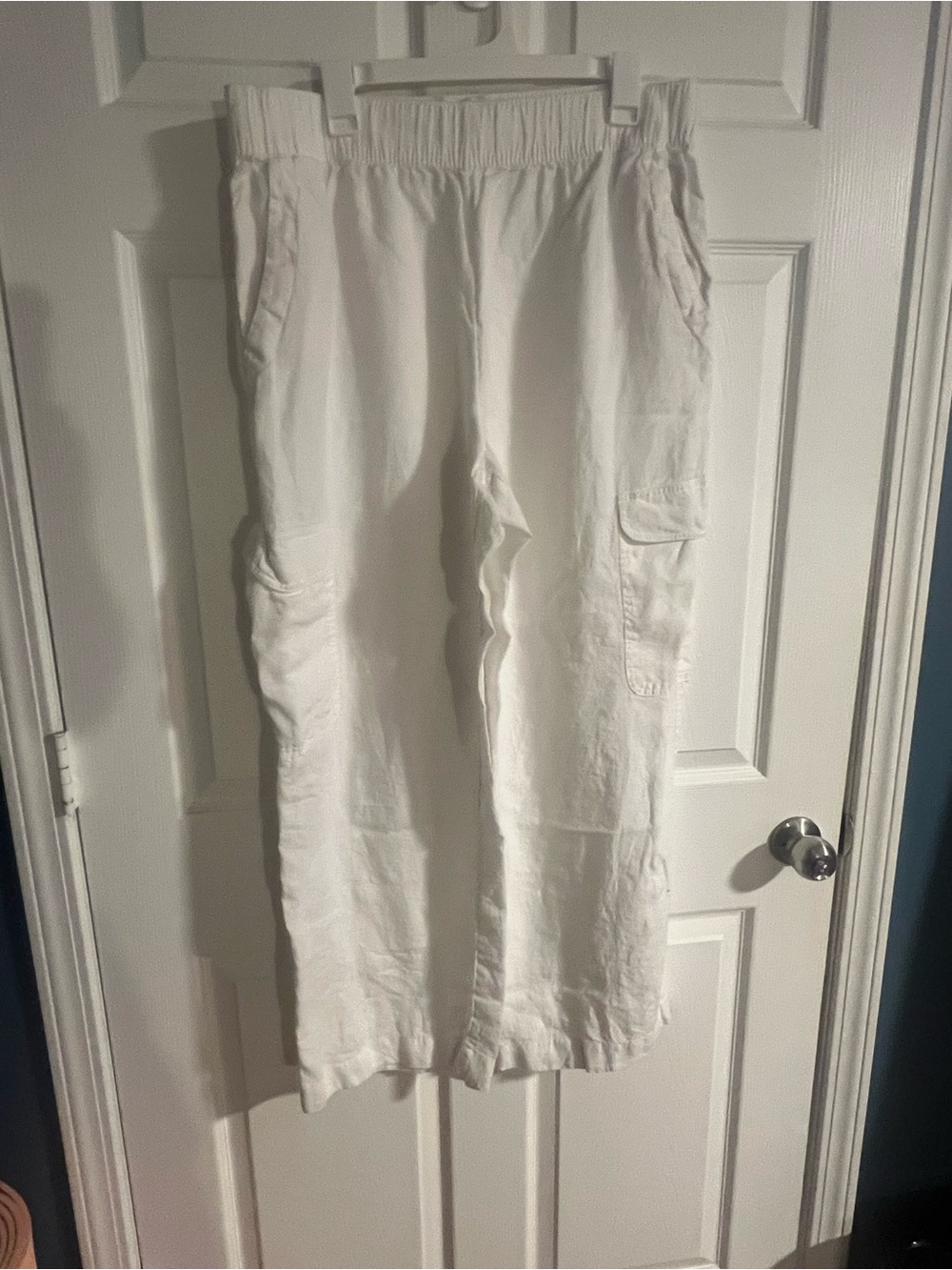 Women's White Cargo 100% Linen Pants with Elastic Waist